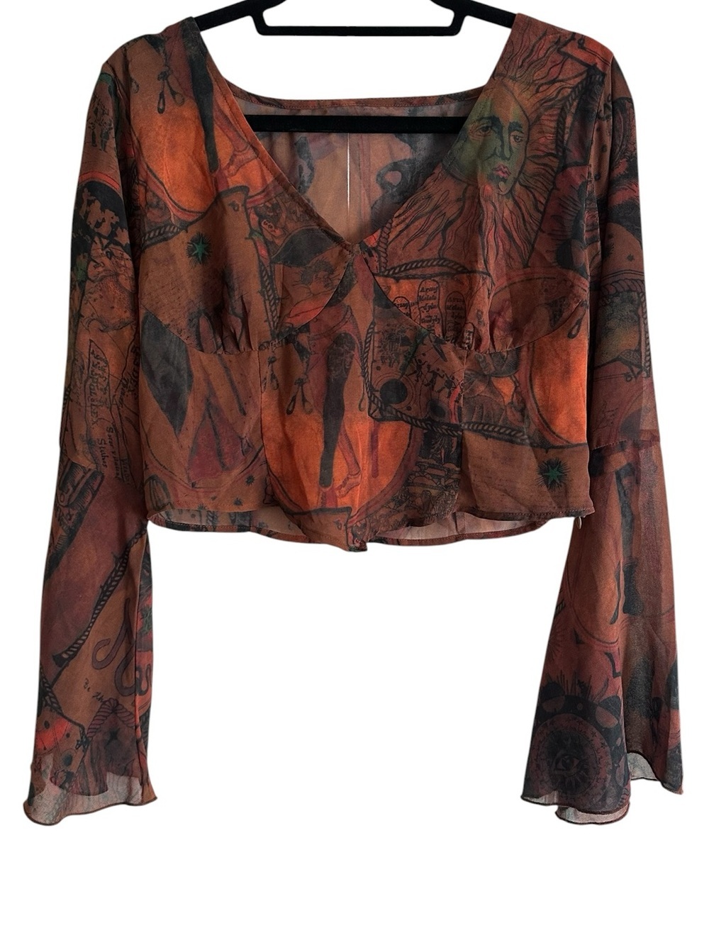 Cider Rust Orange Printed Sheer Surplice Blouse